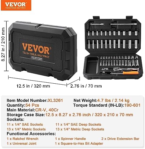 VEVOR Socket Set, 1/4 Inch Drive Socket and Ratchet Set, 6-Point Socket Opening, 54 Pieces Tool Set SAE and Metric, Deep and Standard Sockets, 5/32-9/16 in, 4-14 mm, with Accessories, Storage Case - Image 5