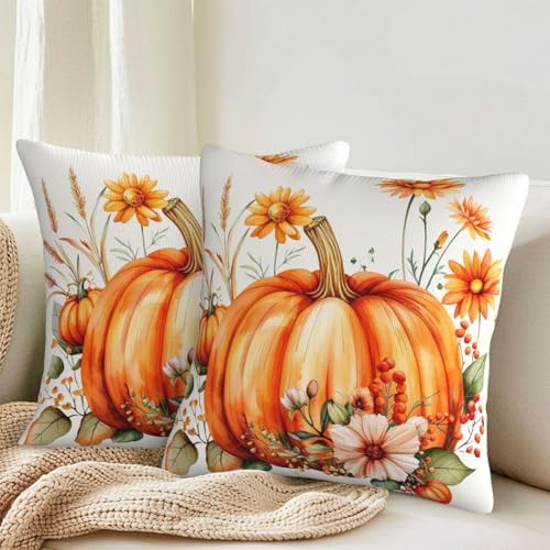 KiuLoam Fall Orange Pumpkin Pillow Covers 18x18 Inch Set of 2, Floral Autumn Thanksgiving Print Decorative Throw Pillows, Rustic Farmhouse Outdoor Cushion Covers for Living Room Sofa Couch Bedroom - Image 2