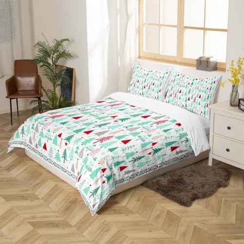 Merry Christmas Kids Duvet Cover Set Queen Size,Cartoon Pine Trees Rustic Farmhouse Bedding Set,Girls Boys Adults Room Decor,Snowflake Xmas Holiday Comforter Cover,Colorful Quilt Cover,2 Pillowcases - Image 5