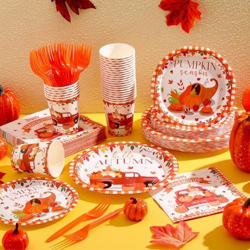 Sliner 180 Pcs Thanksgiving Disposable Dinnerware Set, Red Car Pumpkin - Image 4