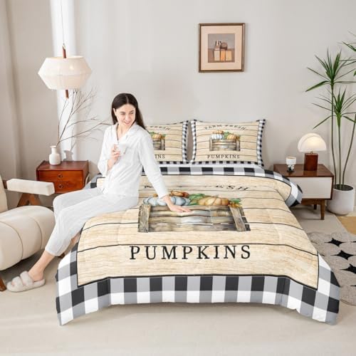 Homewish Geometric Plaid Quilt Set King Size,Rustic Farmhouse Barn Comforter for Men Women Bedroom Decor,Thanks Giving Day Themed Bedding Halloween Style Bedspread 3pcs with 2 Pillowcases - Image 5