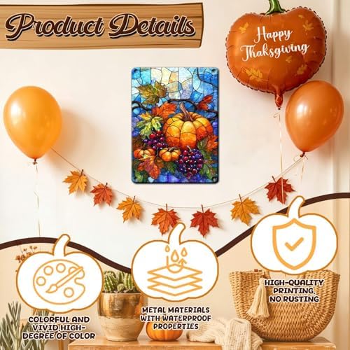 Thanksgiving Day Retro Tin Sign Pumpkin Metal Wall Decor for Kitchen Back Porch Hallway Fireplace 12x16Inch - Image 3
