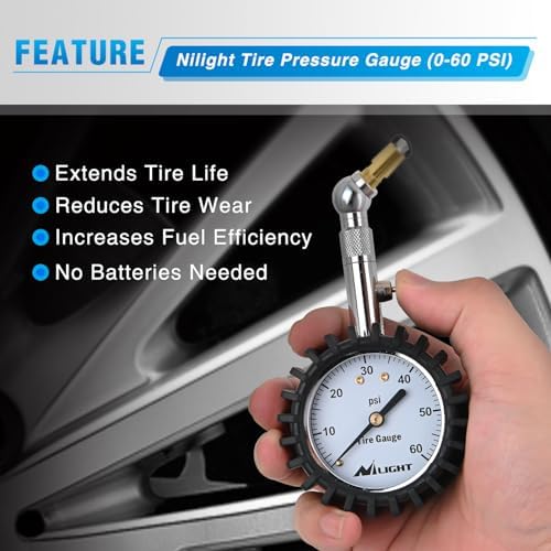 Nilight Tire Pressure Gauge 60PSI Stainless Steel Air Chucks