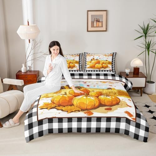 Homewish Rustic Farm Comforter Set Pumpkin Barn Door Fall Plants Harvest Theme Bedding Kids Adult Room Decor,Black White Grid Quilt Vintage Maple Tree Duvet Insert Twin Size 2Pcs (ZZRS3669ZMD-BZ_USt) by Homewish
