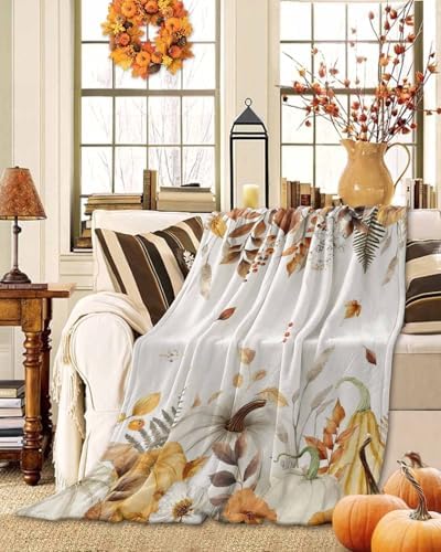 DecorLovee Fall Grey Orange Blanket 60"x80", Reversible Thanksgiving Pumpkins Throw Blanket for Couch/Bed, Brown Maple Leaf Lightweight Soft Throw Blankets for Men, Warm Fuzzy Blankets for Winter - Image 2
