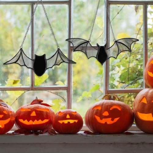 Yalikop 2 Pcs Halloween Bat Suncatcher Decoration Bat Stained Glass Hanging - Image 2