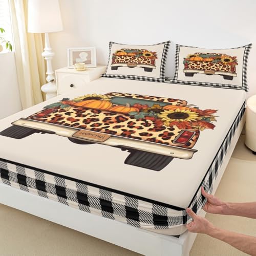 Plaid Pumpkin Bed Sheets Fall Thanksgiving Harvest Bedding Set Gifts For Kids Teen Adults Full,Brown Leopard Truck Pumpkins Fitted Sheet Set,Butterfly Sunflower Maple Leaf Flat Sheet 2 Pillow Cases - Image 6