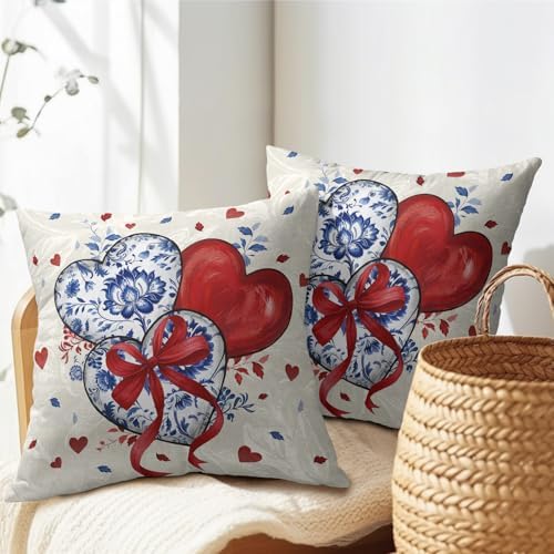 Valentines Day Pillow Covers 20x20 Set of 2 Red Blue Heart Throw Pillow Covers Love Pillowcase Linen Decoration Farmhouse Holiday Cozy Soft Cushion Case Couch for Indoor Outdoor Home Decor - Image 7