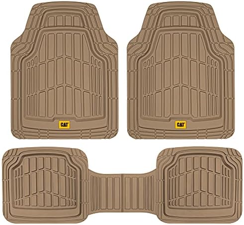 Cat® ToughRide™ Heavy-Duty 3 Piece Rubber All Season Floor Mats for Car Truck Van SUV, Beige - Premium Trim to Fit Cars Floor Mat, All Weather Deep Dish Automotive Floor Mats, Total Dirt Protection
