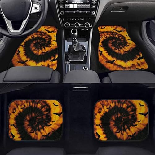 Orange Black Tie Dye Bat Print Funny Halloween Car Floor Mats 4 PCS, Cute Durable Interior Accessories for Car SUV, All Weather Floor Mats with Front Rear Trunk Liners Set for Party