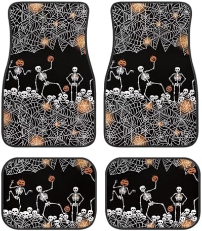 Black White Spider Web Skeleton Print Funny Halloween Car Floor Mats 4 PCS, Cute Durable Interior Accessories for Car SUV, All Weather Floor Mats with Front Rear Trunk Liners Set for Party