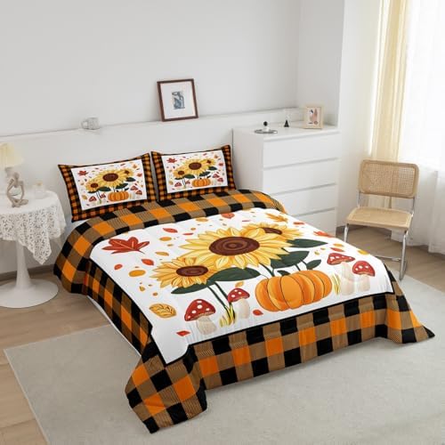 Erosebridal Sunflower Pumpkins Kids Comforter Set | Autumn Fall Pumpkin Decor Bedding Full Size Yellow Sunflowers Decorations Down Comforter Happy Thanksgiving Duvet Set for Bedroom - Image 3