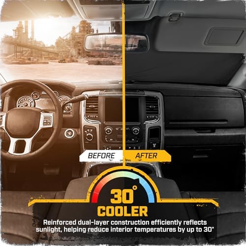 Windshield Sun Shade for Dodge Ram 1500 2010-2018, Foldable Front Window Sunshade, UV Heat Blocker, Interior Protection Sun Shield, Keeps Truck Cab Cool, Heavy-Duty Truck Accessory - Charcoal