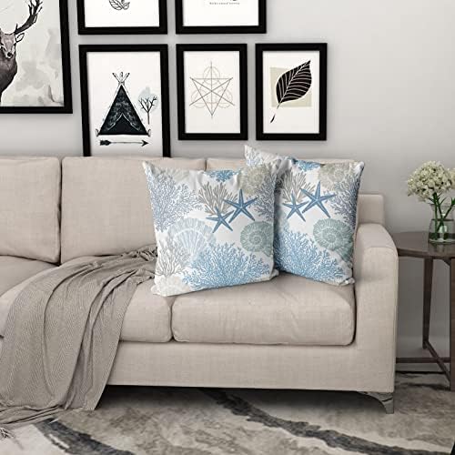 Nautical Coastal Throw Pillow Covers 22x22 Inch Summer Ocean Themed Seashell Coral Starfish Pillow Cases Set of 2 Soft Cotton Square Cushion Covers for Home Couch Sofa Patio Bedroom - Image 5