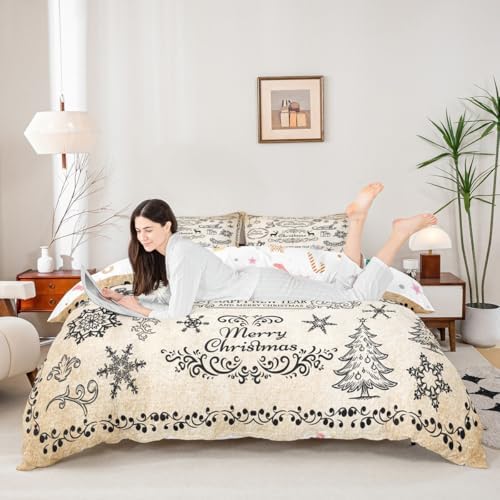 Merry Christmas Kids Duvet Cover Set Full Size,Deer Snowflake Rustic Farmhouse Bedding Set,Girls Boys Adults Room Decor,Christmas Trees Flowers Comforter Cover,Brown Retro Quilt Cover,2 Pillowcases - Image 2