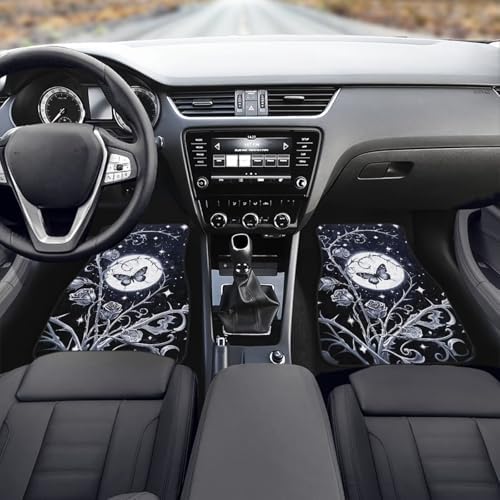 Butterfly Car Floor Mats 4PCS, Silvery Thron Rose Rubber Non-Slip Front and Rear Floor Mats, Gothic Starry Night Moon All Weather Heel Pad Universal Fit SUV Van Truck