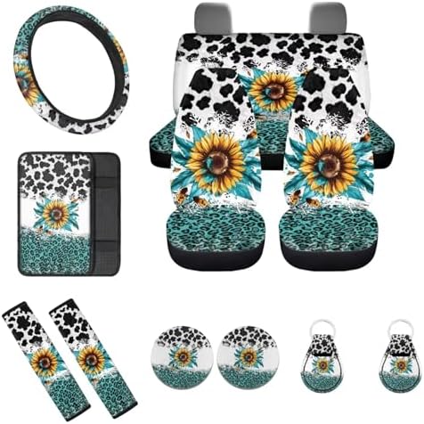 Leopard Auto Seat Covers Full Set 12pcs Leopard Car Accessory Universal Fit Car Seatbelt Pads Steering Wheel Cover Armrest Keychain Coaster,Green White Cheetah Sunflower Car Interior Sets