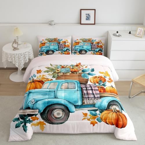 Erosebridal Pumpkin Car Bedding Comforter Sets Pumpkin Flowers Comforter Set, Kids Thanksgiving Gifts Bedding for Boys Girls Little Pumpkin Duvet Insert Fall Home Decor, Full - Image 2