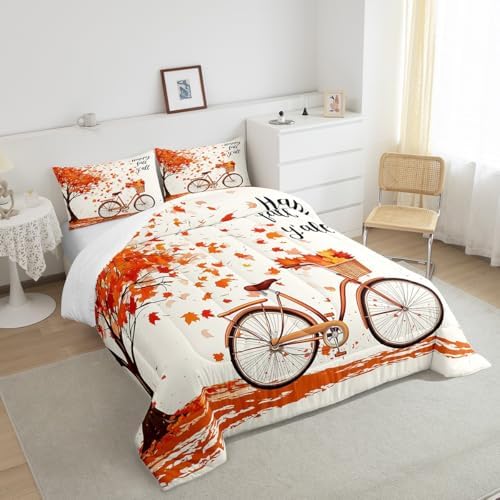 Fall Style Maple Leaves Comforter Set Queen Size, Rustic Farmhouse Bike Quilt Set for Home Room Decor,Thanksgiving Gifts Bedding Retro Nature Plants Duvet Insert, 2 Pillowcases - Image 4