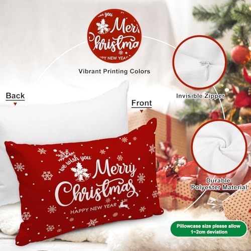 Lanpn Christmas Lumbar Throw Pillow Covers 12x18 Set of 4, Merry Christmas Winter Xmas Snowflake Decorative Holiday Cushion Pillow Cases 12 x 18 for Indoor Farmhouse Home Room Couch Decor (Red) - Image 6