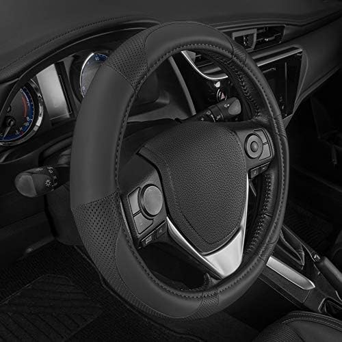 Motor Trend Perforated Microfiber Leather Steering Wheel Cover for Cars Trucks SUVs Vans, Sporty Racing Improved Grip Anti-Fatigue Ergonomic Design, Airbag Compatible - Fits Standard 15" Inch - Black