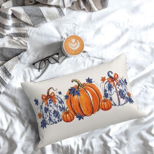 Fall Pillow Covers 12x20 Set of 2 Chinoiserie Blue and Orange Pumpkin Throw Pillows Autumn Thanksgiving Decorative Pillow Cases Harvest Outdoor Decor Linen Farmhouse Cushion Case for Couch Bed - Image 3