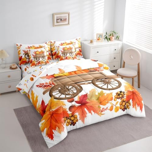 Erosebridal Thanksgiving Pumpkin King Comforter Set,Maple Leaves Autumn Decor 7 Pieces Bed in a Bag,Farmhouse Harvest Fall Leaves Bedding Sets with Comforter,Flat Sheet,Fitted Sheet and Pillow Sham - Image 2