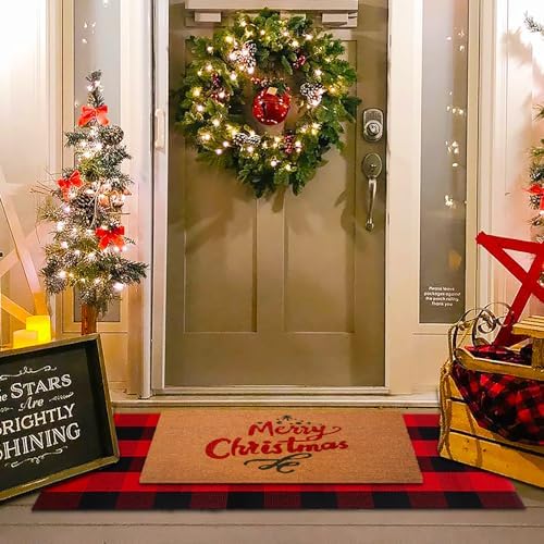 Christmas Red and Black Plaid Rug, 24 x 51 Inches Cotton Hand-Woven Layered Door Mat for Front Porch, Entryway, Outdoor Holiday Decor, Washable Buffalo Check Rug for Home, Patio, Kitchen - Image 2