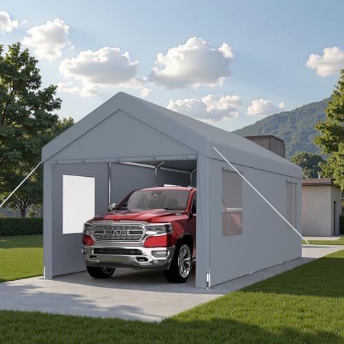 10x20FT Canopy, Outdoor Portable Garage with 2 Roll-Up Doors & 4 Ventilated Windows, Patio Camping Heavy Duty Car Port Canopy with PE Cover, Ground Pegs & Steel Cables, Easy Assembly, Grey - Image 5