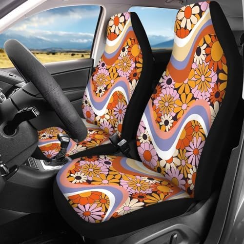 Trendy 60s 70s Wavy Swirl Hippy Floral Print Car Front Seat Covers Y2K Colorful Groovy Daisy Psychedelic Hippie Car Accessories with Rear Bench Covers Auto Interior Decor Protector 4 Packs