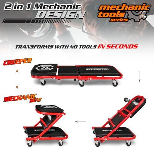 M-AUTO 40-Inch Folding Creeper Rolling Seat, All-in-One Adjustable Roller Garage Chair, Lay Down or Sit, 330LBS Capacity Under Car Roller Creeper with 6 Swivel Casters, Red - Image 4