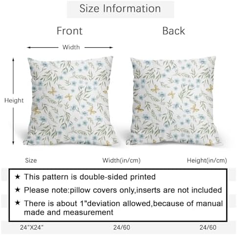 Blue Green Spring Pillow Covers 24x24 Set of 2 Floral Throw Pillow Covers Flower Boho Pillowcase Linen Decoration Farmhouse Soft Decorative Butterfly Vintage Cushion Case Couch for Indoor Home Decor - Image 4