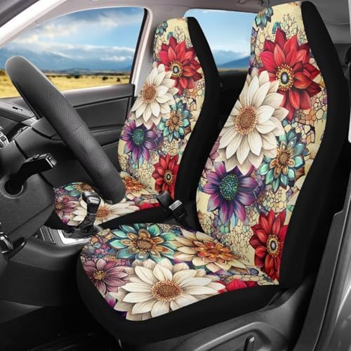 BIGCARJOB Blossom Lotus Car Seat Covers Set for Front Only Boho Lotus Print Car Interior Accessories Cute Seat Protector for Cars Saddle Blanket,Fit Most Vehicle,Cars,Sedan