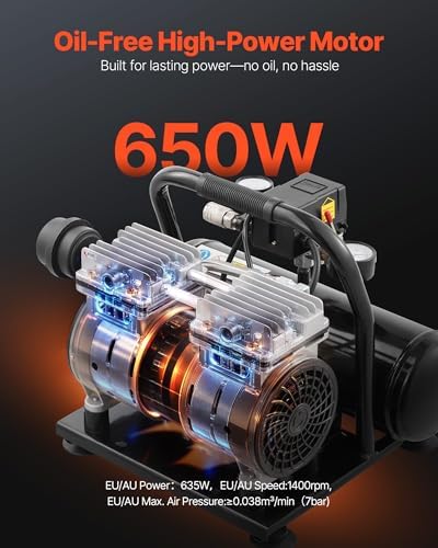 VEVOR Air Compressor, 1 Gallon Steel Tank, 1HP 1.5CFM @ 90PSI Oil Free Air Compressor & Max. 120PSI Pressure, 78dB Ultra Quiet Portable Compressor for Auto Repair, Tire Inflation, Spray Painting, 120V - Image 2