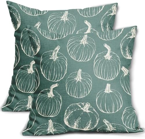 Light Blue Fall Pumpkin Pillow Covers 18x18 Set of 2 Autumn Themed Thanksgiving Cream Print Decorative Throw Pillows Outdoor PillowCase Farmhouse Linen Cushion Case Decor for Home Sofa Couch Bed by Aytipun