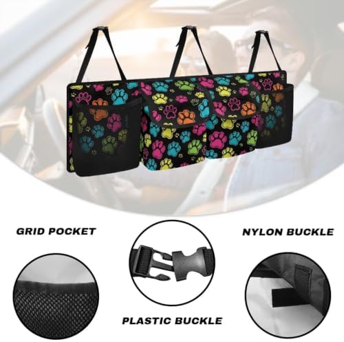 Colorful Dog Paw Print Car Trunk Organizer Car Backseat Storage Bag with 4 Pockets Hanging Trunk Cargo Storage Universal Auto Accessories for Sedans SUV Trucks Van