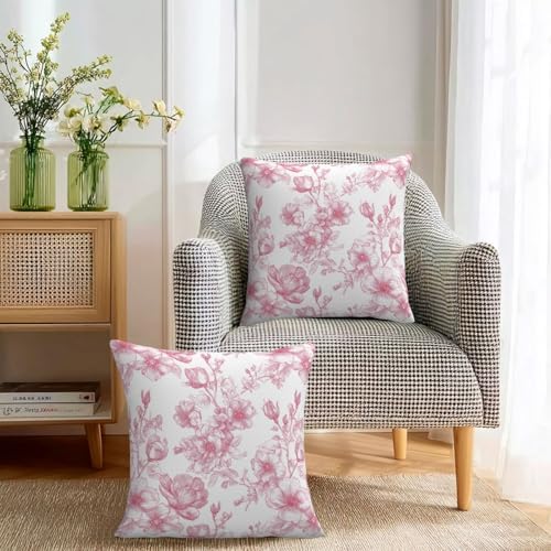 KiuLoam Pink Floral Pillow Covers 24x24 Inch Set of 2, Chinoiserie Ink Line Flower Farmhouse Decorative Throw Pillows, Vintage Rustic Outdoor Square Cushion Cases for Sofa Couch Bed Home Decor - Image 3