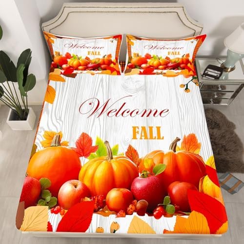 Pumpkin Sheet Set Twin Happy Fall Bed Sheets Thanksgiving Harvest Season Bedding Set For Kids Teen Adults,Orange Buffalo Plaid Fitted Sheet Rustic Farmhouse Flat Sheet 1 Pillow Case Home Room Decor - Image 3