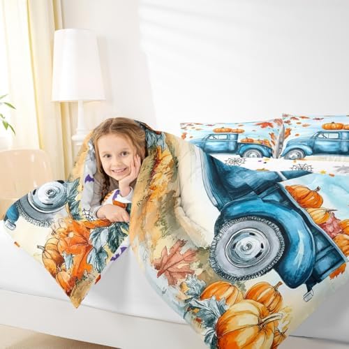Erosebridal Pumpkin Comforter Set Cartoon Car Bedding Comforter Sets Blue Pumpkin Bedding for Toddler Youth, Boys Autumn Leaf Duvet Insert 3Pcs Fall Decor - Queen, 1 Comforter with 2 Pillowcases - Image 7