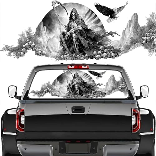 Gothic Skeleton Pickup Truck Decals Rear Window, Fantasy Grim Reaper Landscape Automotive Decals and Graphics Rear Window Decals for Trucks, Car Window Decal Sticker 66 x 22 inch