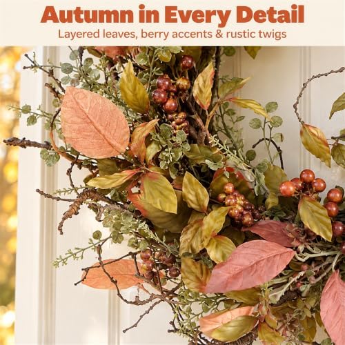 26 Inch Fall Wreath for Front Door Artificial Grapevine Wreath - Image 3