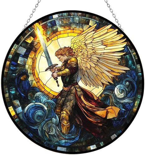 Boho St. Michael The Archangel Stained Glass Window Hanging, Colorful Boho St. Michael The Archangel Sun Catchers Glass Panel Suncatcher Decor for Birthday for Women, Men, Wife, Aunt, Mom by 365CUSGIFTS