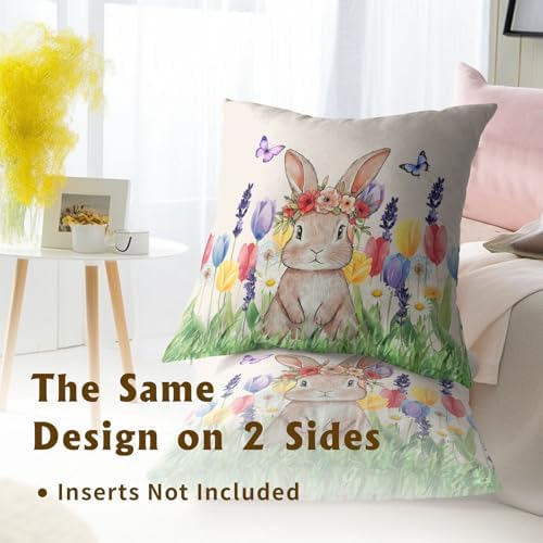 Easter Bunny with Flower Wreath Throw Pillow Covers 20X20 Inches Set of 2 Spring Colorful Tulip Butterflies Pillowcase Soft Cotton Square Seasonal Cushion Covers for Living Room Sofa Bedroom Decor - Image 5