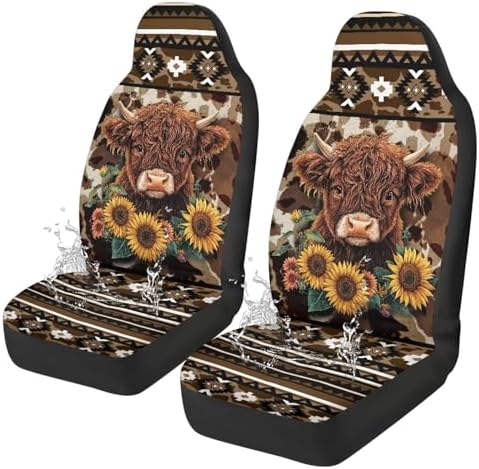 Aztec Highland Cow Car Front Seat Covers Waterproof Universal Front Seat Cover Removable Automotive Accessories Easy Installation Suitable for Cars, SUV and Trucks