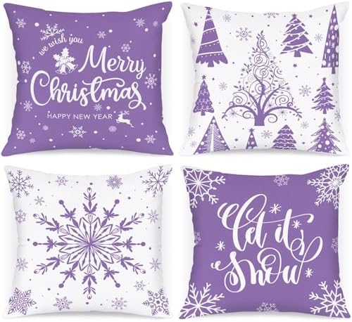 Lanpn Christmas Throw Pillow Covers 20x20 4 pcs, Merry Christmas Xmas Winter Snowflake Decorative Holiday Cushion Pillow Cases 20 x 20 Indoor Farmhouse Home Room Couch Sofa Decor (Purple) by Lanpn