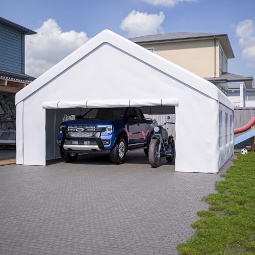 YOPTO 20x20 FT Carport Canopy Heavy Duty,Portable Garage W/Detachable Sidewalls & Mesh Windows,Car Canopy Tent W/ 2 Roll-Up Double-Zipper Doors,Outdoor Car Shed for Truck,Boat,Vehicle,White - Image 3