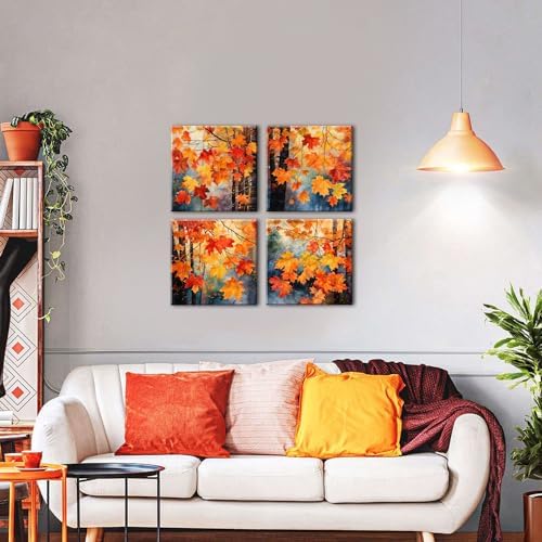 Fall Wall Art Maple Leaves Prints Canvas Decor Watercolor Aesthetic Red Yellow Plant Leaf Pictures for Living Room Bedroom Autumn Country Forest Painting Artwork Kitchen Home Decorations 20x20” 4 Pcs - Image 4