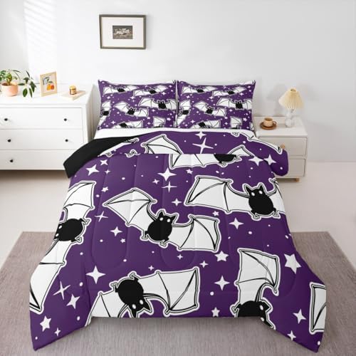 Feelyou Halloween Bedding Set for Girls Boys Kids King Size Black Bats Animal Print Silhouette Comforter Cover Room Decor Happy Holiday Cute Star Print Luxury Duvet Cover Light Purple Quilt Set - Image 4