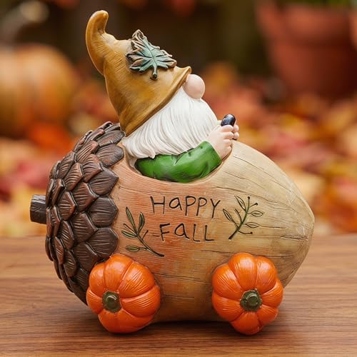 Topadorn Fall Gnome Figurine with Acorn Car & Pumpkin Wheels, Happy Fall by Topadorn