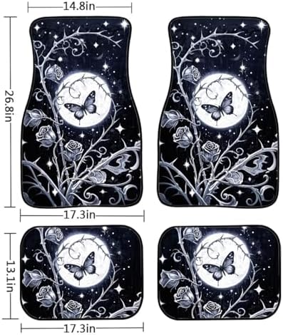 Butterfly Car Floor Mats 4PCS, Silvery Thron Rose Rubber Non-Slip Front and Rear Floor Mats, Gothic Starry Night Moon All Weather Heel Pad Universal Fit SUV Van Truck